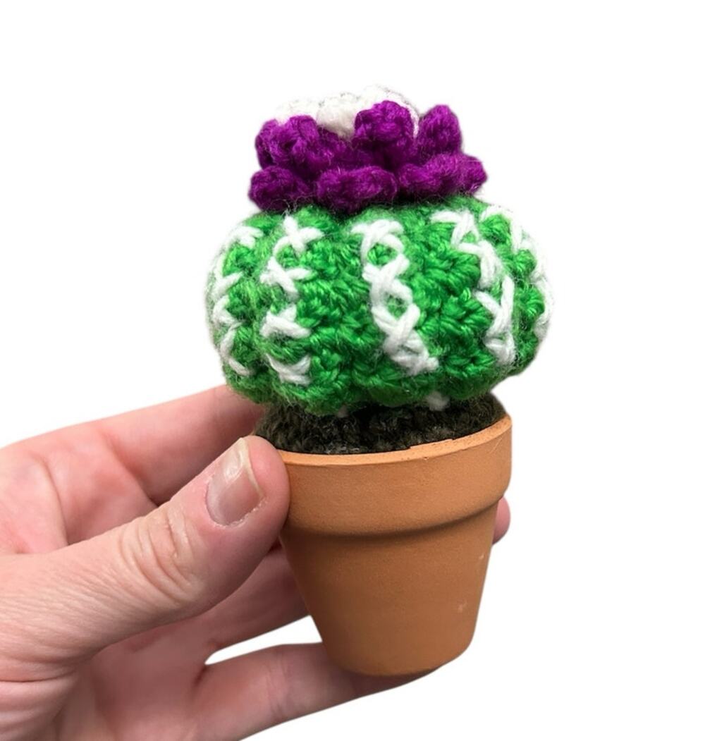 Mini Crochet Ball Cactus with Purple & White Flower - Handmade